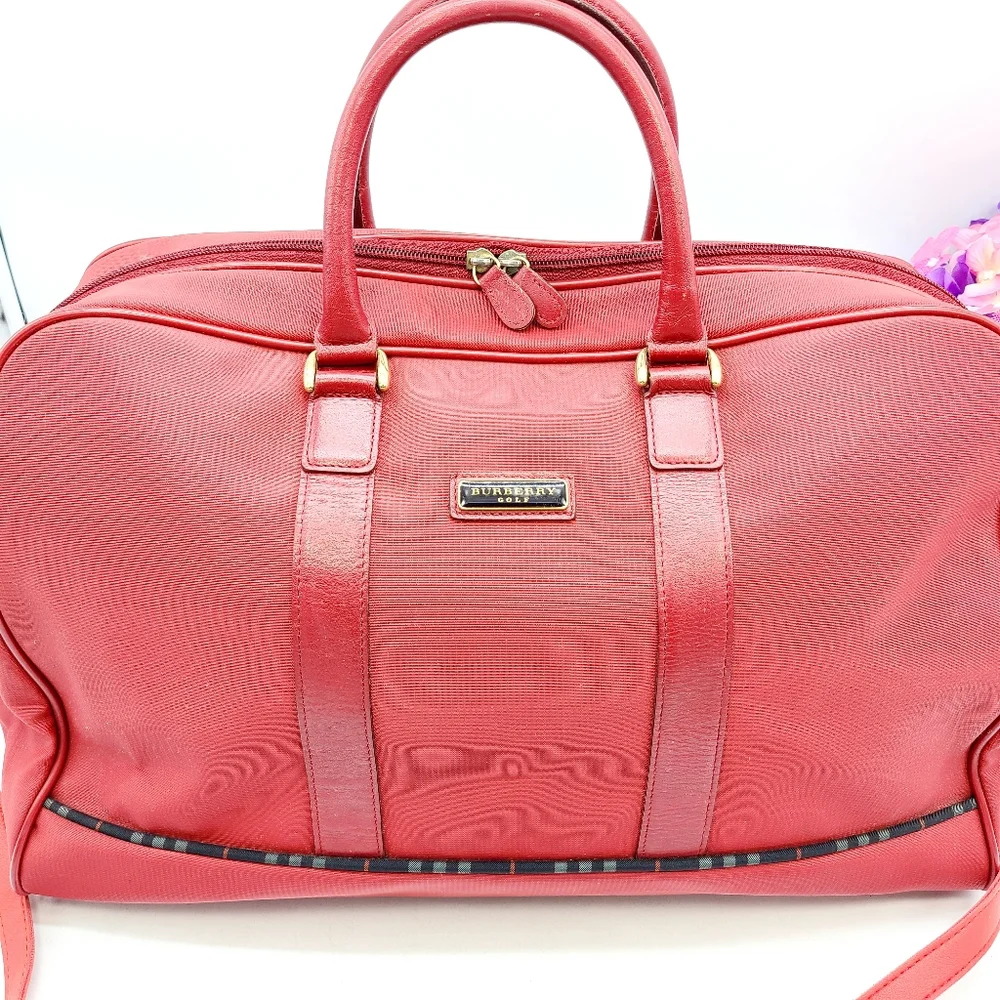 Burberry Golf Red Leather Canvas Travel Bag